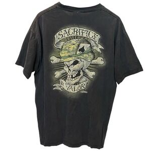 Thrashed Sacrifice Valor Skull Tee L Faded Ripped Stained Grunge Military Worn‎